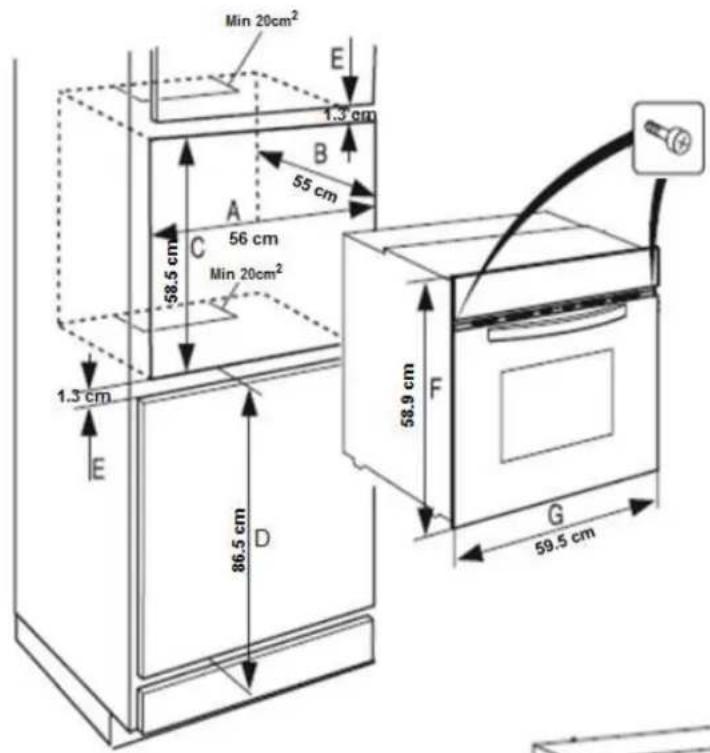 Min 20cm² 1.3 cm E B 55 cm A 56 cm C 58.5 cm Min 20cm² 1.3 cm E 86.5 cm D 58.9 cm F G 59.5 cm