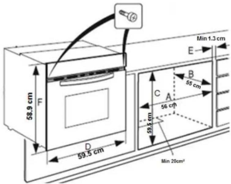 58.9 cm F 59.5 cm D 59.5 cm A 56 cm B 55 cm C E Min 1.3 cm Min 20cm²