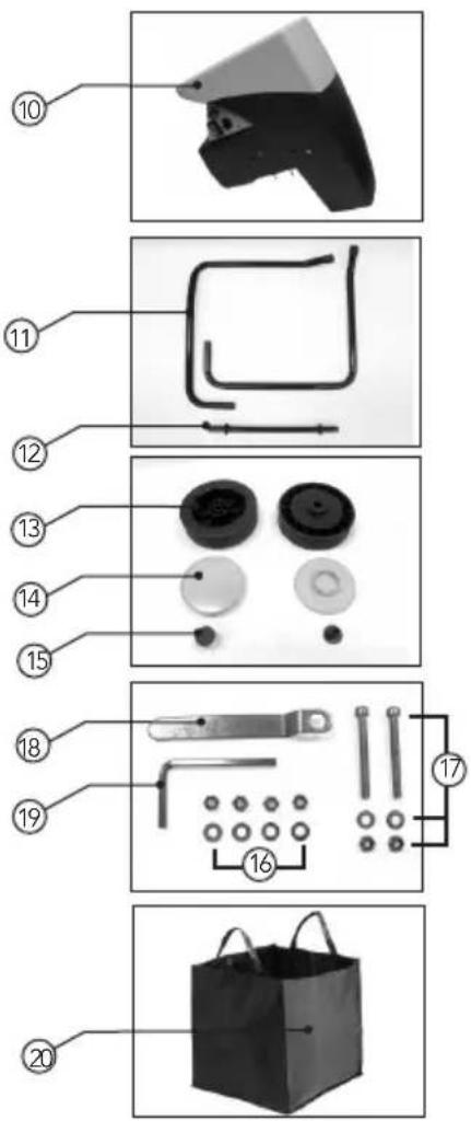 Exploded view diagram of a handheld device with numbered parts and labeled parts