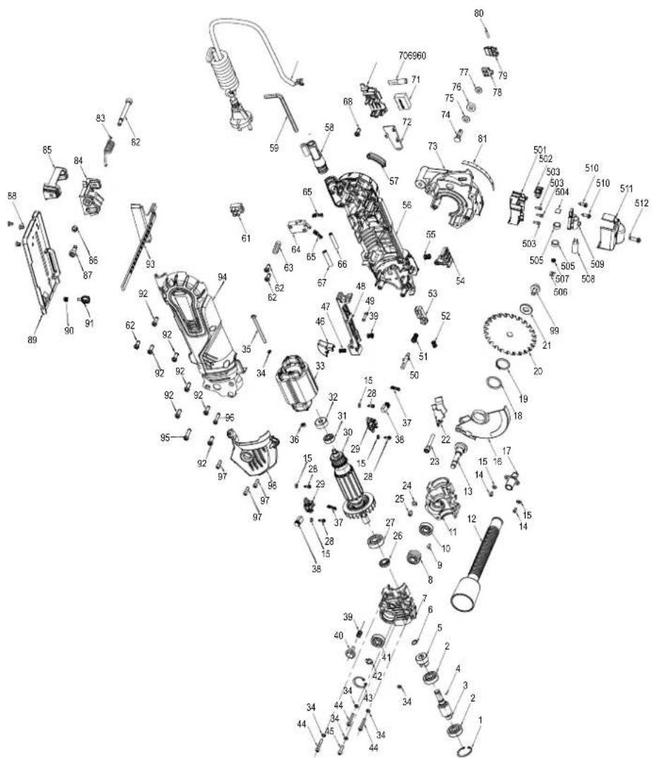 Exploded view diagram of a mechanical assembly with numbered components and labeled parts