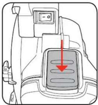 Diagram showing a vehicle's seatbelt with a red arrow indicating the down-right direction of the seatbelt.
