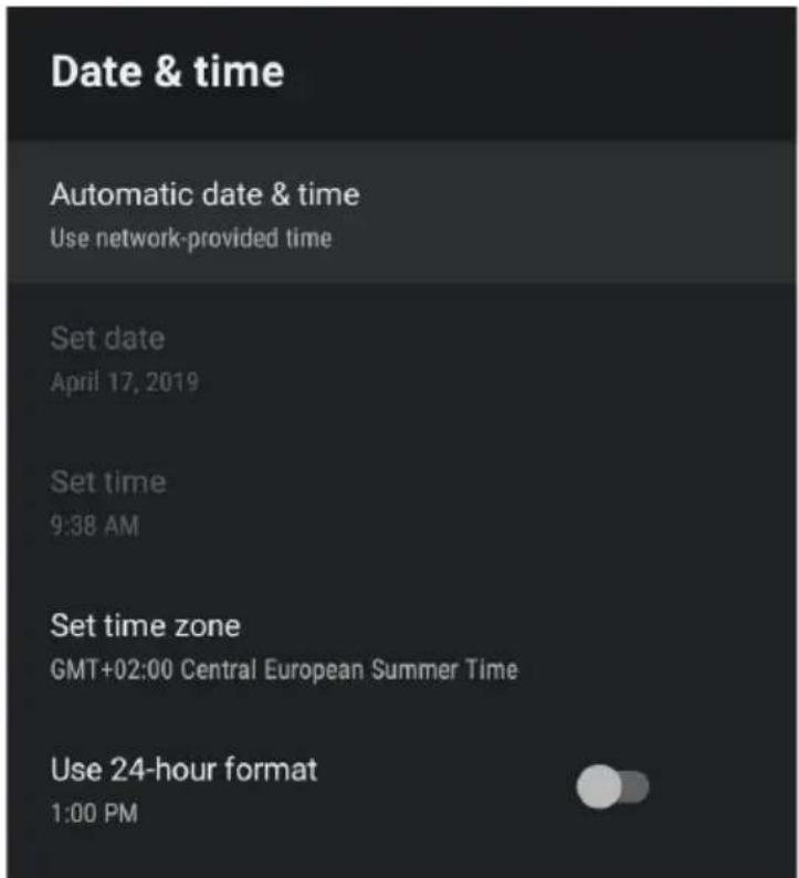 Date & time Automatic date & time Use network-provided time Set date April 17, 2019 Set time 9:38 AM Set time zone GMT+02:00 Central European Summer Time Use 24-hour format 1:00 PM