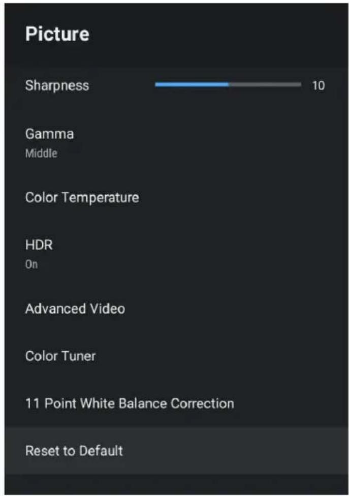 Picture Sharpness 10 Gamma Middle Color Temperature HDR On Advanced Video Color Tuner 11 Point White Balance Correction Reset to Default