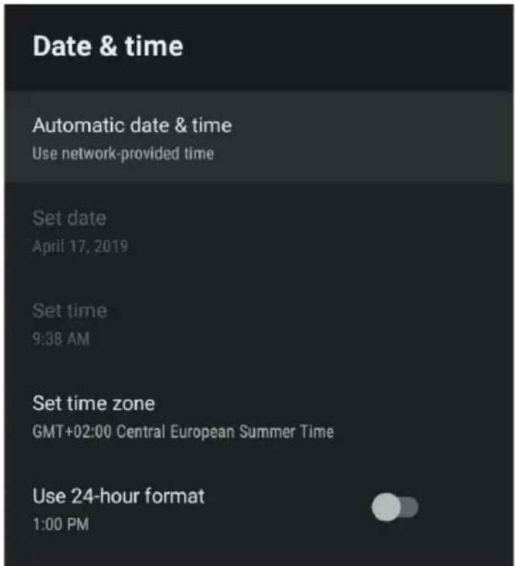 Date & time Automatic date & time Use network-provided time Set date April 17, 2019 Set time 9:38 AM Set time zone GMT+02:00 Central European Summer Time Use 24-hour format 1:00 PM
