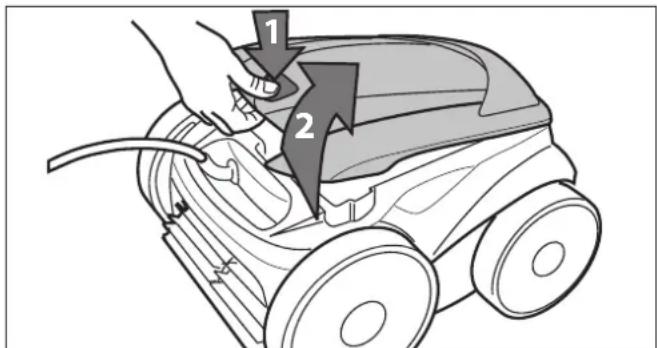 Diagram showing a hand using a vacuum cleaner to clean or adjust equipment, labeled with parts 1 and 2.