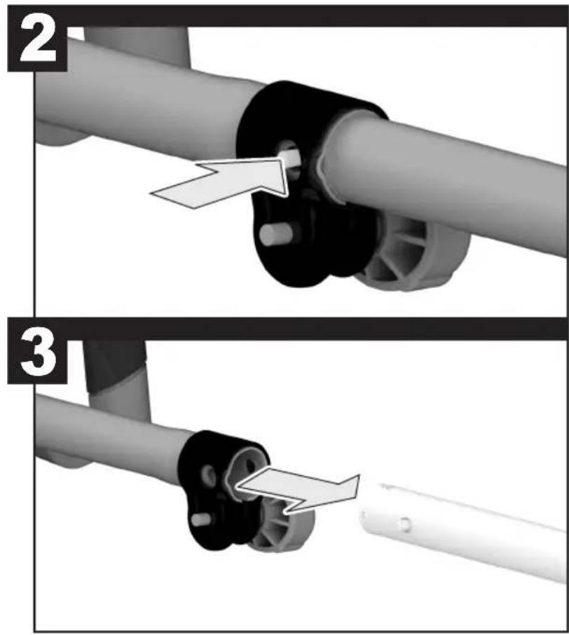 Diagram showing two steps of a mechanical assembly with labeled parts and directional arrows indicating movement.