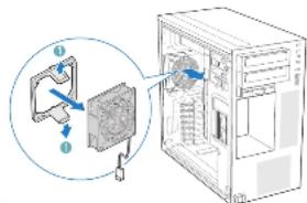 Diagram showing a computer tower with labeled components and directional arrows indicating movement or assembly.