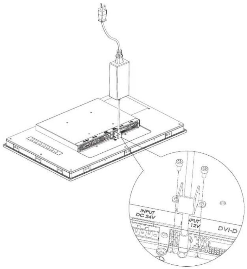 Technical diagram of an electronic device with labeled components and a magnified inset showing internal wiring connections.