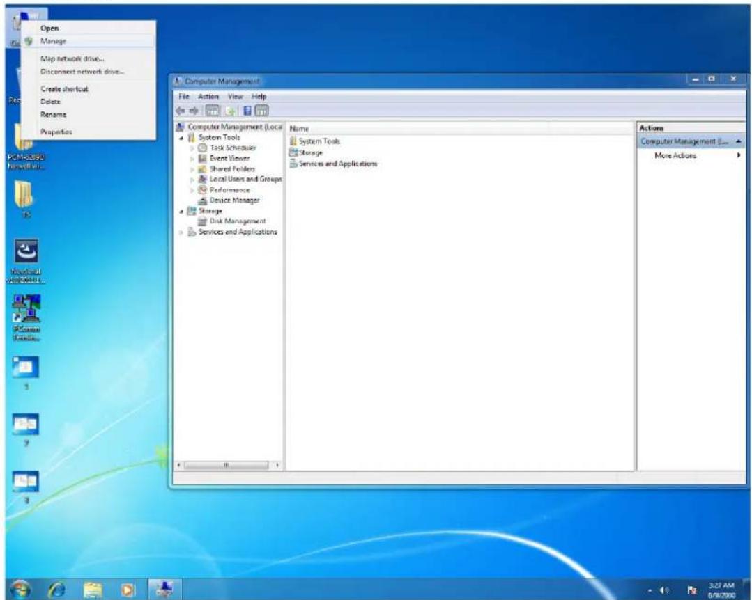Open Manage Map network drive... Disconnect network drive... Create shortcut Delete Rename Properties Computer Management File Action View Help Computer Management (Local System Tools Task Scheduler Event Viewer Shared Folders Local Users and Groups Performance Device Manager Storage Disk Management Services and Applications Name System Tools Storage Services and Applications Actions Computer Management (L... More Actions 3:27 AM 5/16/2000