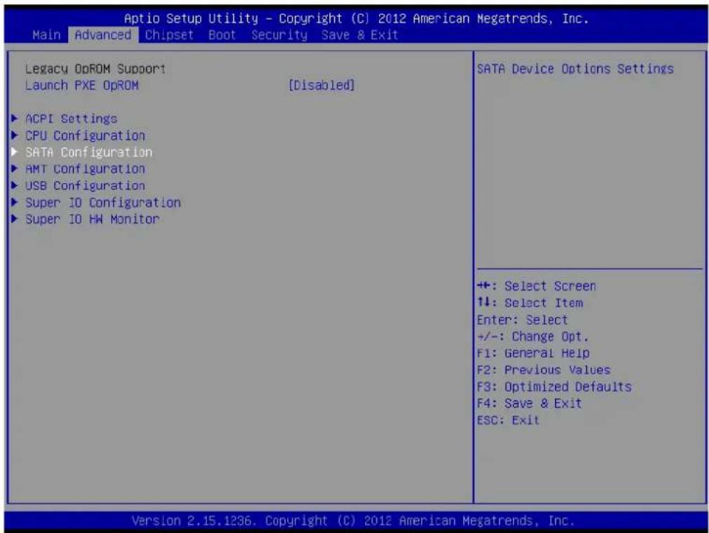 Aptio Setup Utility - Copyright (C) 2012 American Megatrends, Inc. Main Advanced Chipset Boot Security Save & Exit Legacy OpROM Support Launch PXE OpROM [Disabled] ▶ ACPI Settings ▶ CPU Configuration ▶ SATA Configuration ▶ AMT Configuration ▶ USB Configuration ▶ Super IO Configuration ▶ Super IO HW Monitor SATA Device Options Settings +: Select Screen ↑↓: Select Item Enter: Select +/-: Change Opt. F1: General Help F2: Previous Values F3: Optimized Defaults F4: Save & Exit ESC: Exit Version 2.15.1236. Copyright (C) 2012 American Megatrends, Inc.