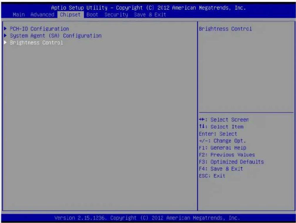 Aptio Setup Utility - Copyright (C) 2012 American Megatrends, Inc. Main Advanced Chipset Boot Security Save & Exit ▶ PCH-IO Configuration ▶ System Agent (SA) Configuration ▶ Brightness Control Brightness Control +: Select Screen ↑↓: Select Item Enter: Select +/-: Change Opt. F1: General Help F2: Previous Values F3: Optimized Defaults F4: Save & Exit ESC: Exit Version 2.15.1236. Copyright (C) 2012 American Megatrends, Inc.