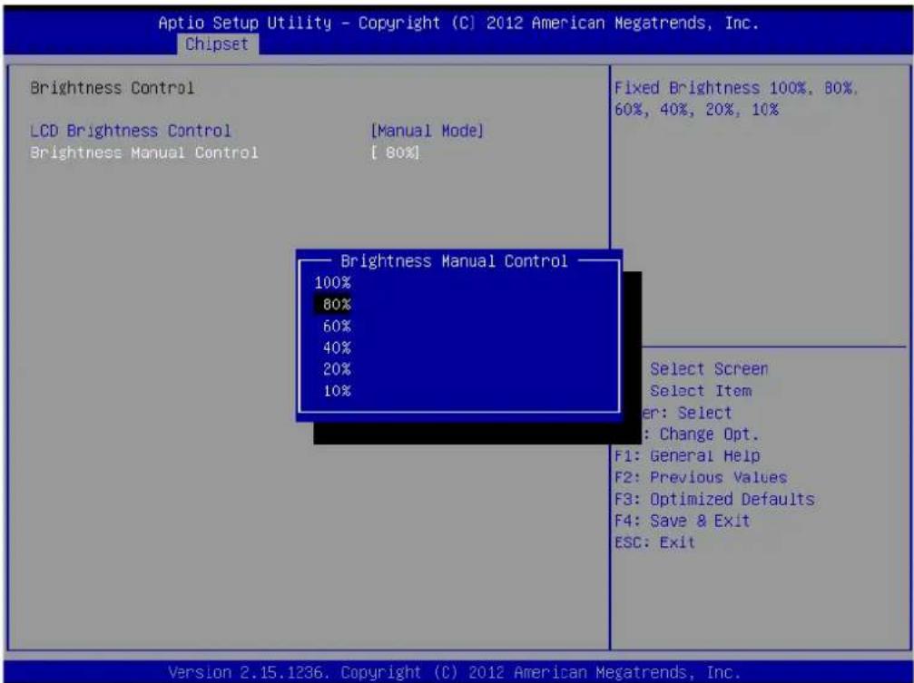 Aptio Setup Utility - Copyright (C) 2012 American Megatrends, Inc. Chipset Brightness Control LCD Brightness Control [Manual Mode] Brightness Manual Control [80%] Brightness Manual Control 100% 80% 60% 40% 20% 10% Fixed Brightness 100%, 80% 60%, 40%, 20%, 10% Select Screen Select Item er: Select : Change Opt. F1: General Help F2: Previous Values F3: Optimized Defaults F4: Save & Exit ESC: Exit Version 2.15.1236. Copyright (C) 2012 American Megatrends, Inc.