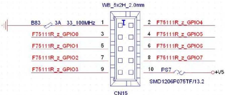 WB_5x2H_2.0mm B83 3A 33_100MHz 1 F7511R_z_GPIO0 3 F7511R_z_GPIO1 5 F7511R_z_GPIO2 7 F7511R_z_GPIO3 9 CN15 2 F7511R_z_GPIO4 4 F7511R_z_GPIO5 6 F7511R_z_GPIO6 8 F7511R_z_GPIO7 10 PS7 +V5 SMD1206P075TF/13.2
