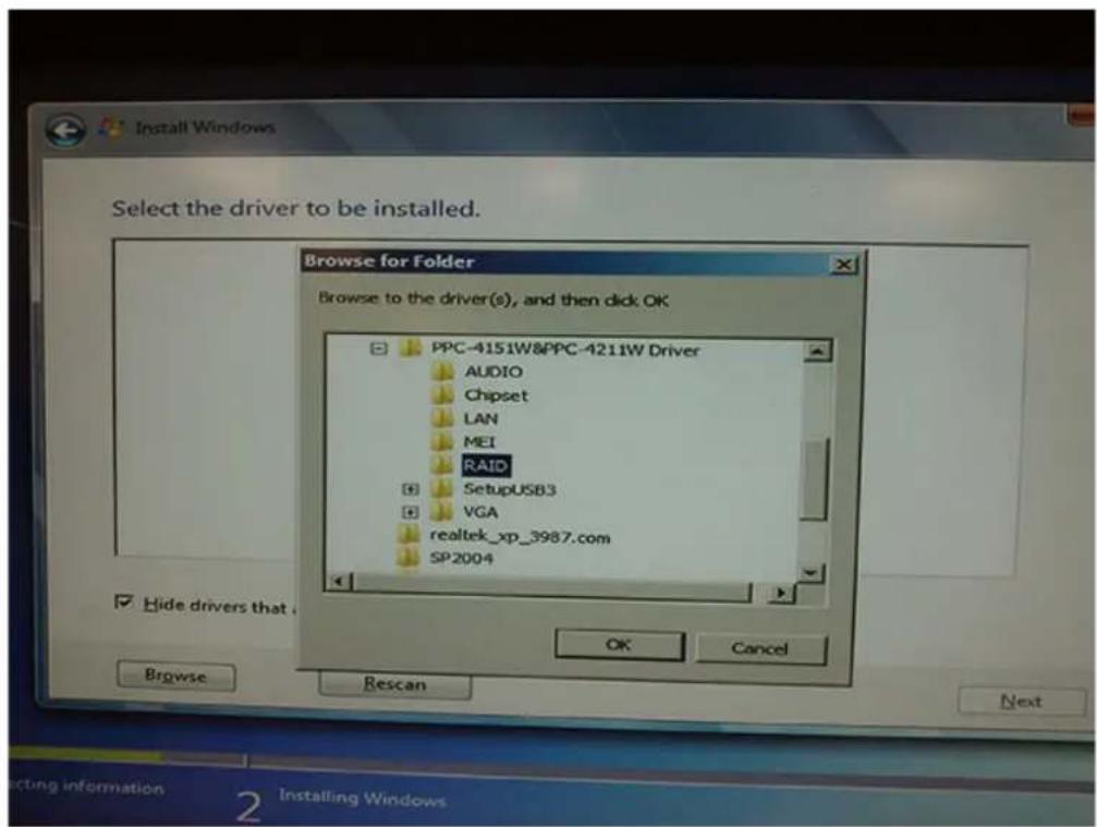 Install Windows Select the driver to be installed. Browse for Folder Browse to the driver(s), and then click OK PPC-4151W8PPC-4211W Driver AUDIO Chipset LAN MEI RAID SetupUSB3 VGA realtek_xp_3987.com SP2004 OK Cancel Browse Rescan Next