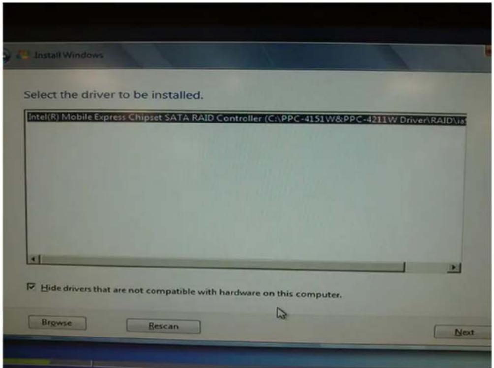 Select the driver to be installed. Intel(R) Mobile Express Chipset SATA RAID Controller (C:\PPC-4151W\PPC-4211W Driver\RAID\ Hide drivers that are not compatible with hardware on this computer. Browse Bescan Next