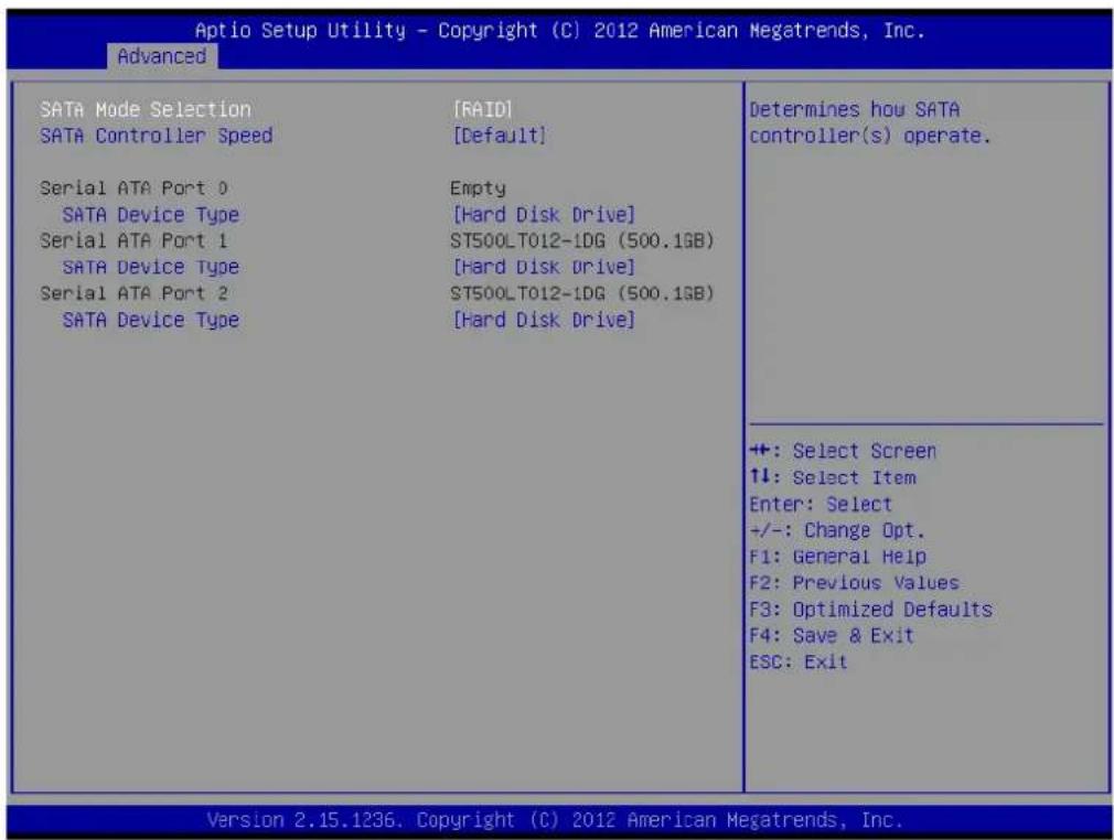 Aptio Setup Utility - Copyright (C) 2012 American Megatrends, Inc. Advanced SATA Mode Selection [RAIDI] SATA Controller Speed [Default] Serial ATA Port 0 Empty SATA Device Type [Hard Disk Drive] Serial ATA Port 1 ST500LT012-1DG (500.1GB) SATA Device Type [Hard Disk Drive] Serial ATA Port 2 ST500LT012-1DG (500.1GB) SATA Device Type [Hard Disk Drive] Determines how SATA controller(s) operate. +: Select Screen ↑↓: Select Item Enter: Select +/-: Change Opt. F1: General Help F2: Previous Values F3: Optimized Defaults F4: Save & Exit ESC: Exit Version 2.15.1236. Copyright (C) 2012 American Megatrends, Inc.