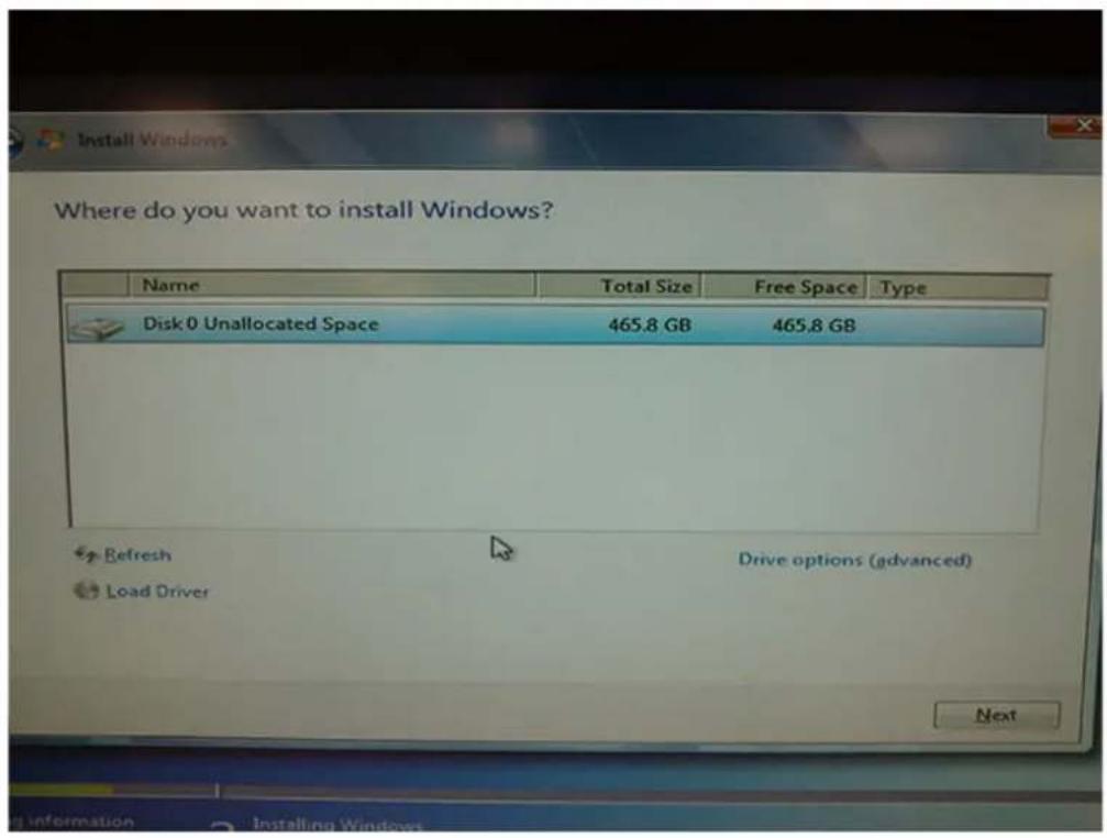 Where do you want to install Windows? Name Total Size Free Space Type Disk 0 Unallocated Space 465.8 GB 465.8 GB Refresh Drive options (advanced) Load Driver Next