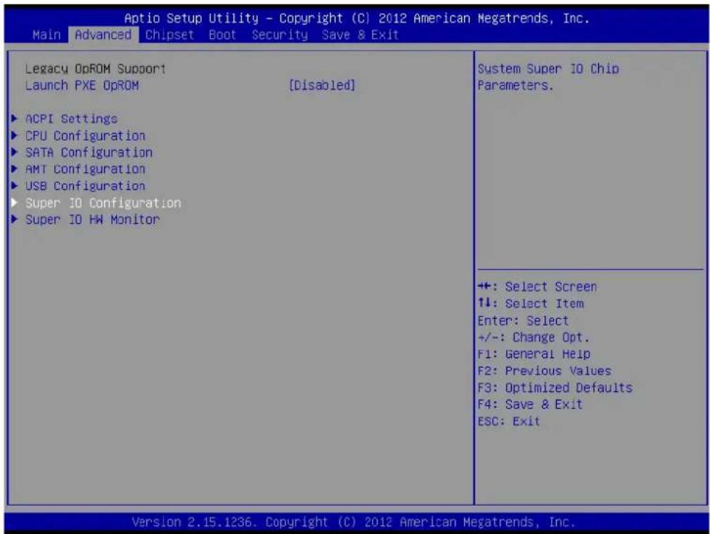 Aptio Setup Utility - Copyright (C) 2012 American Megatrends, Inc. Main Advanced Chipset Boot Security Save & Exit Legacy OpROM Support Launch PXE OpROM [Disabled] ▶ ACPI Settings ▶ CPU Configuration ▶ SATA Configuration ▶ AMT Configuration ▶ USB Configuration ▶ Super IO Configuration ▶ Super IO HW Monitor System Super IO Chip Parameters. +: Select Screen ↑↓: Select Item Enter: Select +/-: Change Opt. F1: General Help F2: Previous Values F3: Optimized Defaults F4: Save & Exit ESC: Exit Version 2.15.1236. Copyright (C) 2012 American Megatrends, Inc.