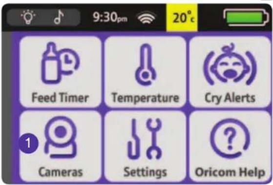 9:30pm 20°C Feed Timer Temperature Cry Alerts Cameras Settings Oricom Help