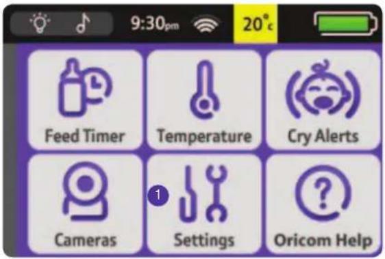 9:30pm 20°C Feed Timer Temperature Cry Alerts Cameras Settings Oricom Help