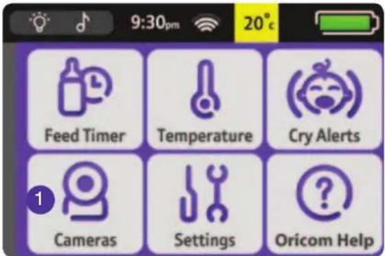 9:30pm 20°C Feed Timer Temperature Cry Alerts Cameras Settings Oricom Help