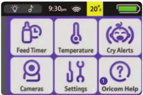 9:30pm 20°C Feed Timer Temperature Cry Alerts Cameras Settings Oricom Help