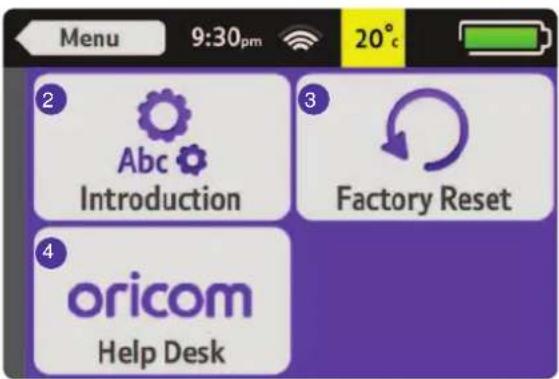 Menu 9:30pm 20°C ② Abc Factory Reset Introduction ③ Factory Reset ④ oricom Help Desk
