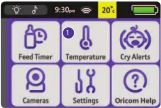 9:30pm 20° Feed Timer Temperature Cry Alerts Cameras Settings Oricom Help