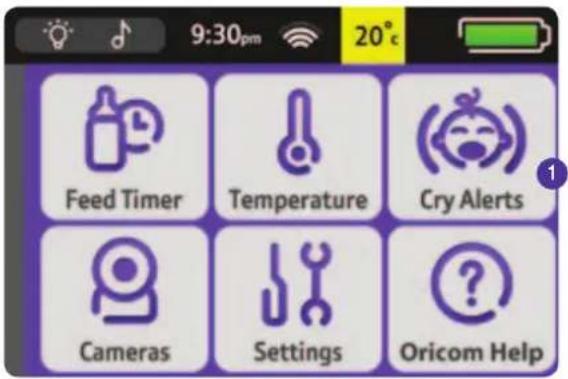 9:30pm 20° Feed Timer Temperature Cry Alerts Cameras Settings Oricom Help