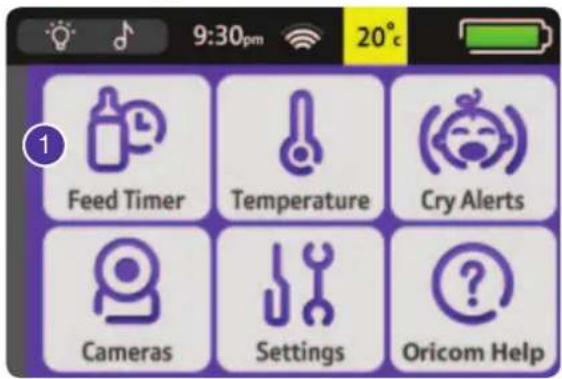 9:30pm 20°C Feed Timer Temperature Cry Alerts Cameras Settings Oricom Help