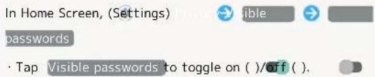 In Home Screen, (Settings) → visible → passwords · Tap Visible passwords to toggle on ( )/off ( ).