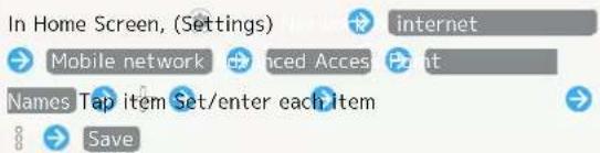 In Home Screen, (Settings) Internet Mobile network Advanced Access Print Names Tap item Set/enter each item Save