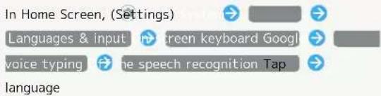 In Home Screen, (Settings) Languages & input → screen keyboard Googl voice typing → the speech recognition Tap language