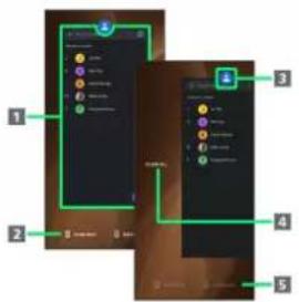 Diagram showing two smartphone screens with labeled UI elements and numbered annotations