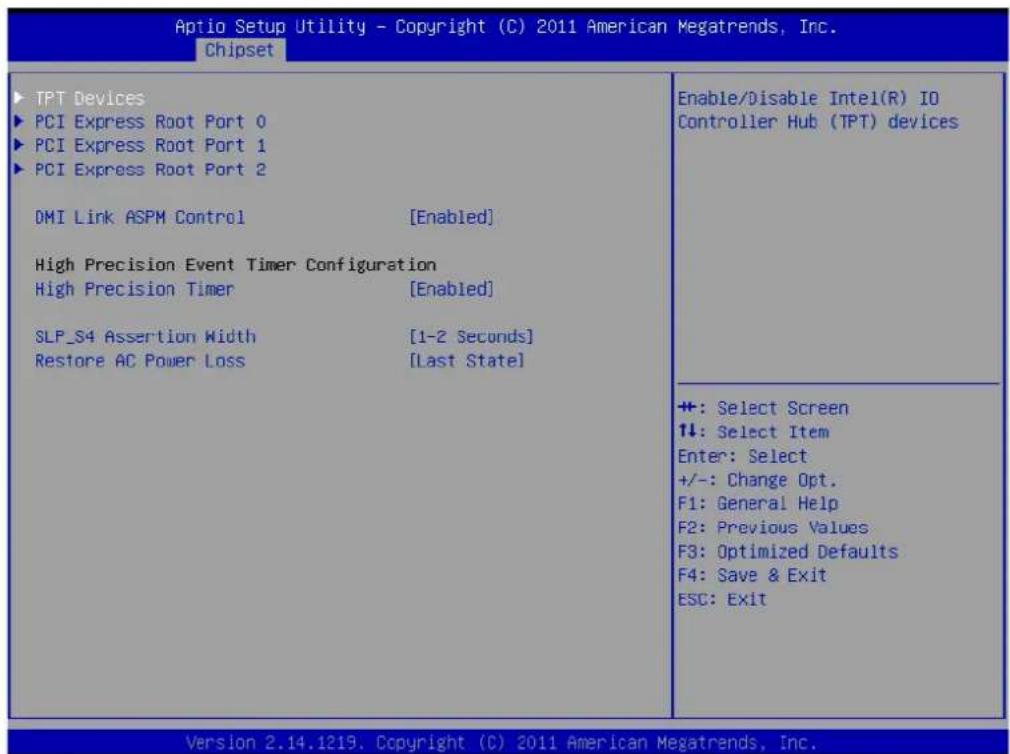 Aptio Setup Utility - Copyright (C) 2011 American Megatrends, Inc. Chipset ► TPT Devices ► PCI Express Root Port 0 ► PCI Express Root Port 1 ► PCI Express Root Port 2 DMI Link ASPM Control [Enabled] High Precision Event Timer Configuration High Precision Timer [Enabled] SLP_S4 Assertion Width [1-2 Seconds] Restore AC Power Loss [Last State] Enable/Disable Intel(R) IO Controller Hub (TPT) devices +: Select Screen ↑↓: Select Item Enter: Select +/-: Change Opt. F1: General Help F2: Previous Values F3: Optimized Defaults F4: Save & Exit ESC: Exit Version 2.14.1219. Copyright (C) 2011 American Megatrends, Inc.