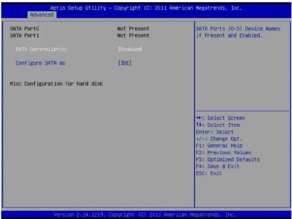 Aptio Setup Utility - Copyright (C) 2011 American Megatrends, Inc. Advanced SATA Port0 Not Present SATA Port1 Not Present SATA Controller(s) [Enabled] Configure SATA as [IDE] Misc Configuration for hard disk SATA Ports (0-3) Device Names if Present and Enabled. +: Select Screen ↑↓: Select Item Enter: Select +/-: Change Opt. F1: General Help F2: Previous Values F3: Optimized Defaults F4: Save & Exit ESC: Exit Version 2.14.1219. Copyright (C) 2011 American Megatrends, Inc.