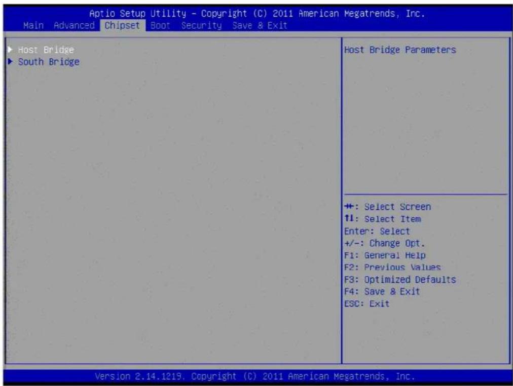 Aptio Setup Utility - Copyright (C) 2011 American Megatrends, Inc. Main Advanced Chipset Boot Security Save & Exit Host Bridge South Bridge Host Bridge Parameters +: Select Screen 1: Select Item Enter: Select +/-: Change Opt. F1: General Help F2: Previous Values F3: Optimized Defaults F4: Save & Exit ESC: Exit Version 2.14.1219. Copyright (C) 2011 American Megatrends, Inc.
