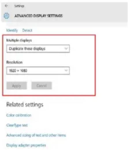 Savings ADVANCED DISPLAY SETTINGS Identity Detect Multiple displays Duplicate these displays Resolution 1620 × 1080 Apply Cancel Related settings Color calibration ClearType text Advanced sizing of text and other items Display adapter properties