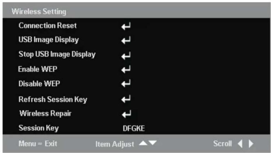 Wireless Setting Connection Reset USB Image Display Stop USB Image Display Enable WEP Disable WEP Refresh Session Key Wireless Repair Session Key DFGKE Menu = Exit Item Adjust Scroll