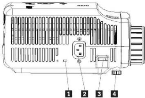 Technical diagram of a portable air conditioner unit with numbered labels pointing to ports and ventilation slots