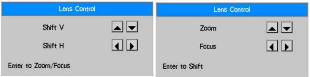 Lens Control Shift V Shift H Enter to Zoom/Focus Lens Control Zoom Focus Enter to Shift