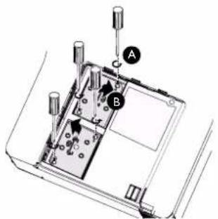 Technical diagram of a device with labeled components A and B, showing internal components and mounting points.
