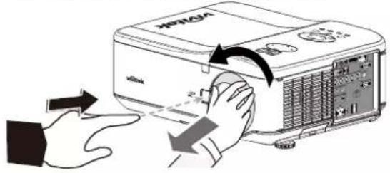 Diagram showing hand operating a projector with labeled components and directional arrows indicating motion