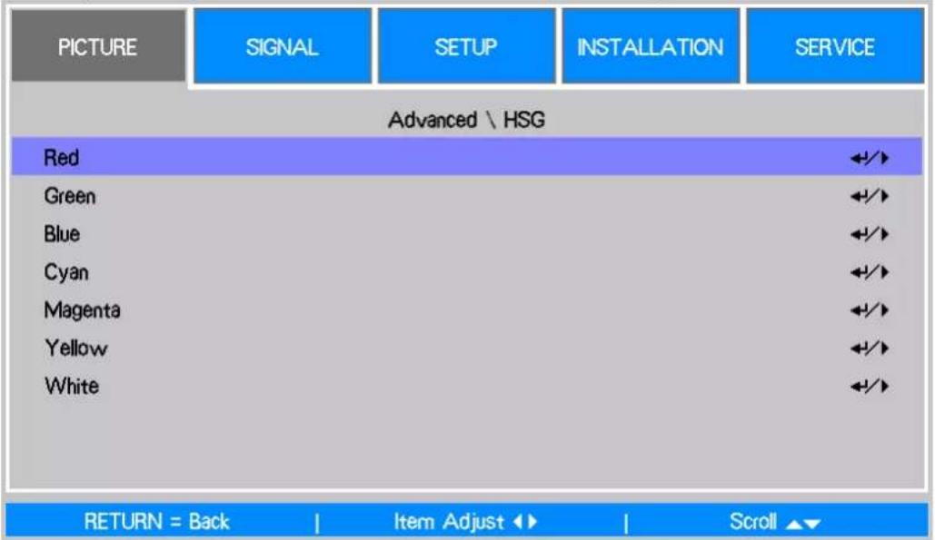 PICTURE SIGNAL SETUP INSTALLATION SERVICE Advanced \ HSG Red Green Blue Cyan Magenta Yellow White RETURN = Back | Item Adjust ▶ | Scroll ▲▼