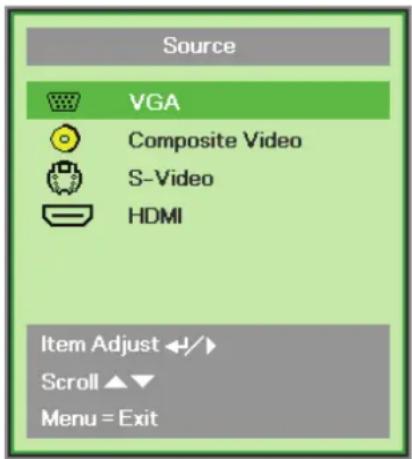 Source VGA Composite Video S-Video HDMI Item Adjust ←/► Scroll ▲▼ Menu = Exit