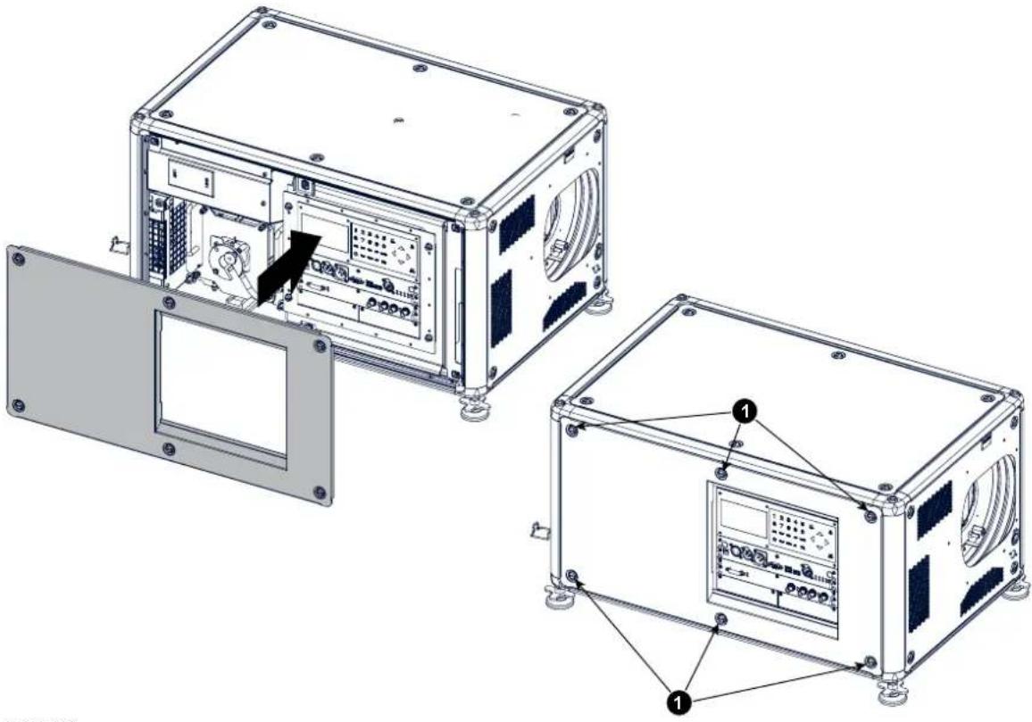 Technical diagram showing three views of an electronic device with labeled components and a black arrow indicating a component.