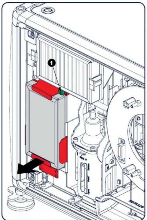 Technical diagram of a mechanical assembly with labeled components, showing internal components and a highlighted red component.