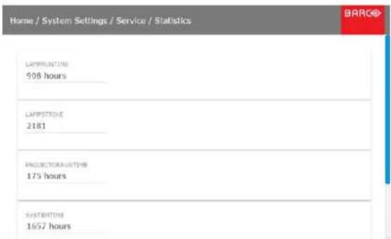 Home / System Settings / Service / Statistics LABORATIME 908 hours LAPRSTONE 2181 PROJECTOR/ASISTHE 175 hours SUPPORTIME 1697 hours