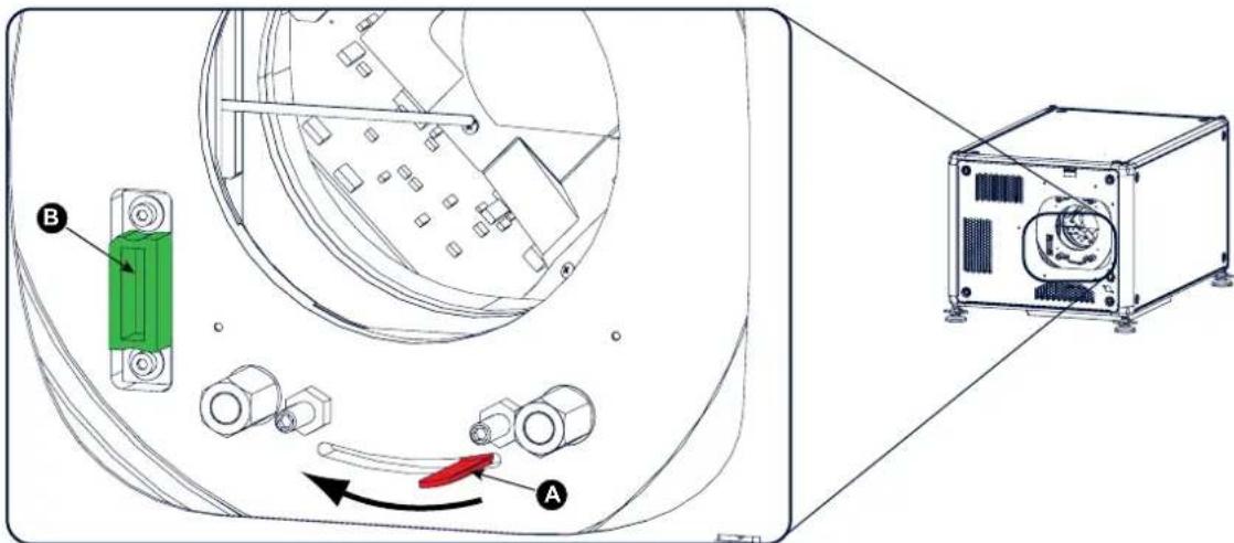 Technical diagram showing component assembly with labeled parts A and B, including a device housing and directional arrows indicating motion or flow.