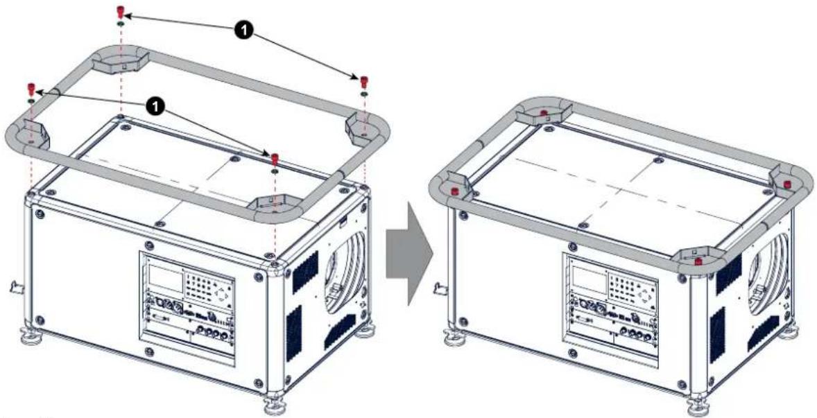 Technical diagram showing assembly of a device with labeled components before and after transformation